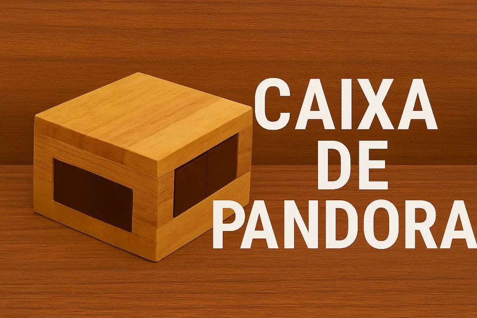 Caixa de madeira com abertura lateral, apresentada como quebra-cabeça
