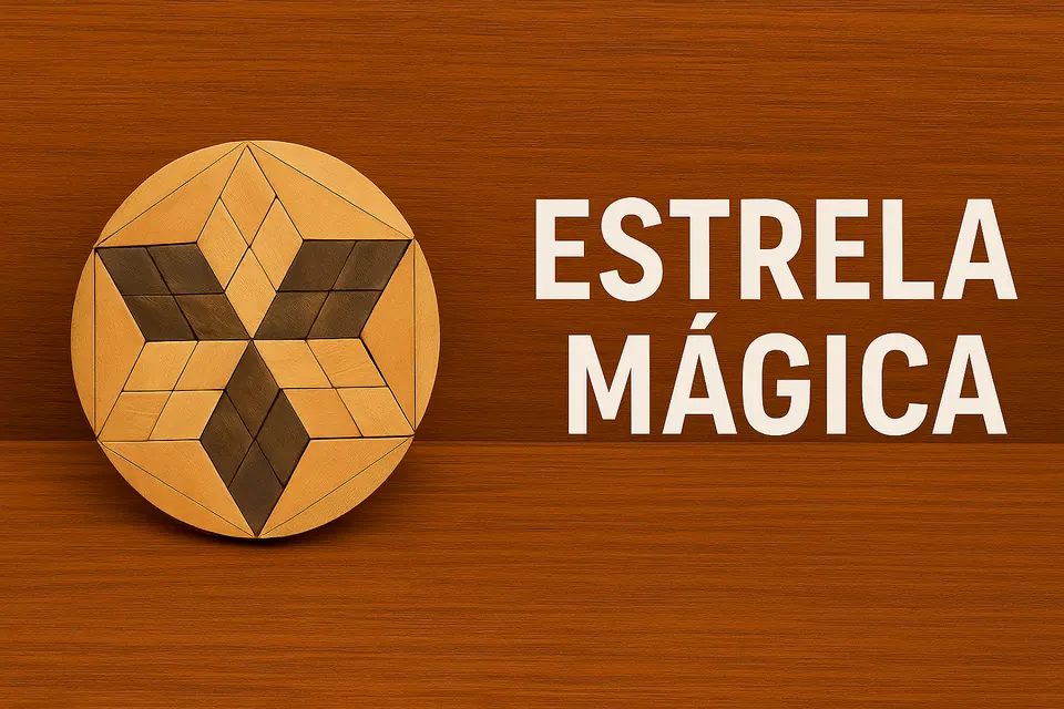 Quebra-cabeça circular de madeira com peças triangulares formando uma estrela