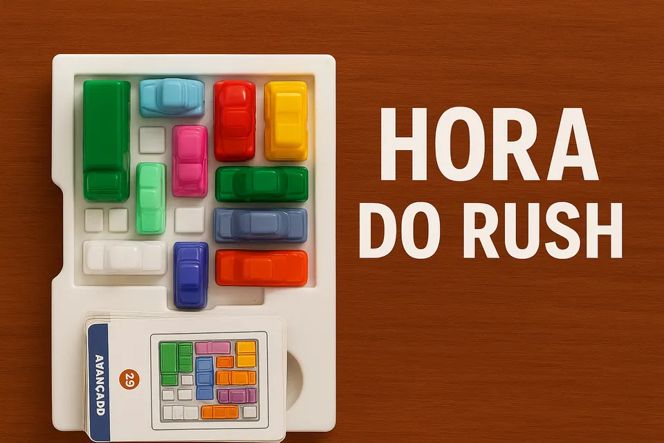 Tabuleiro do jogo Hora do Rush com veículos coloridos em uma grade