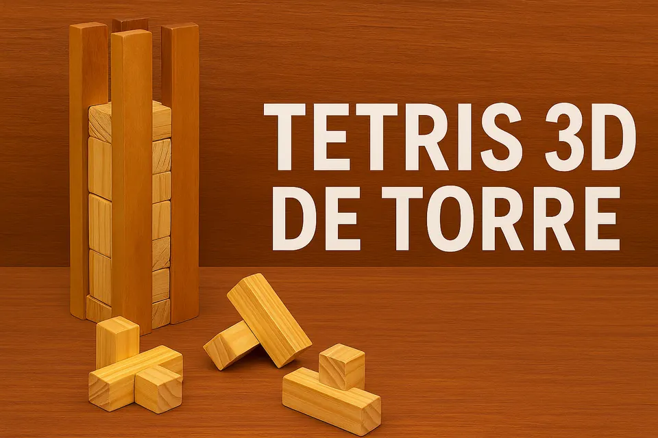 Moldura vertical de madeira com peças geométricas para montar uma torre