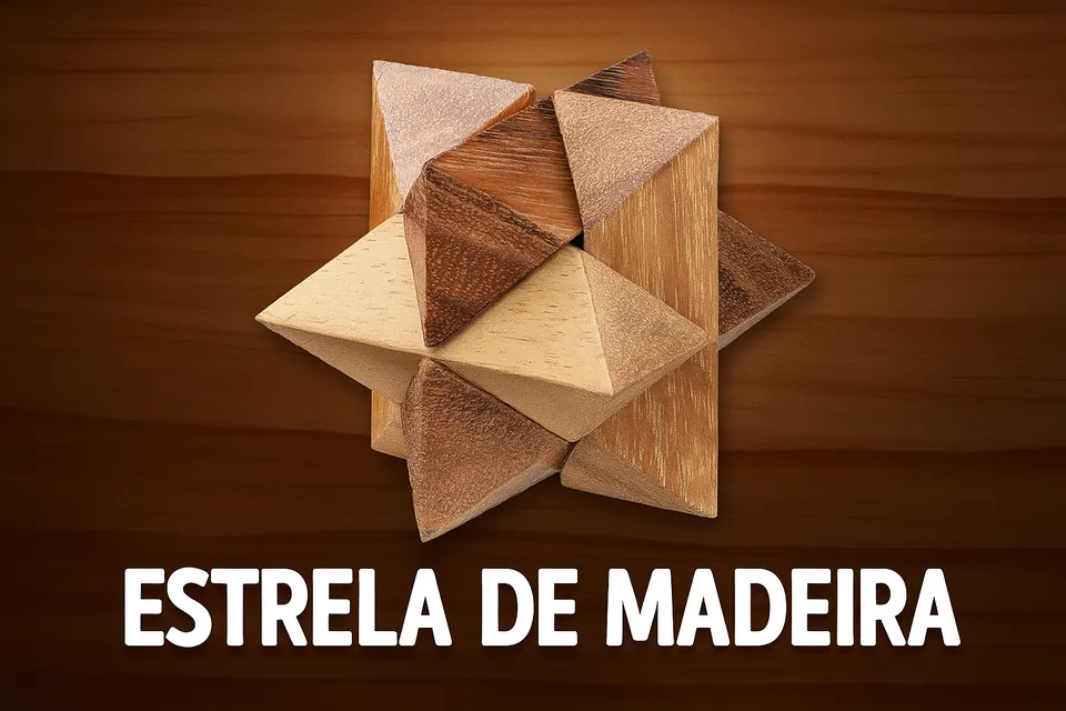Quebra-cabeça de madeira montado em formato de estrela